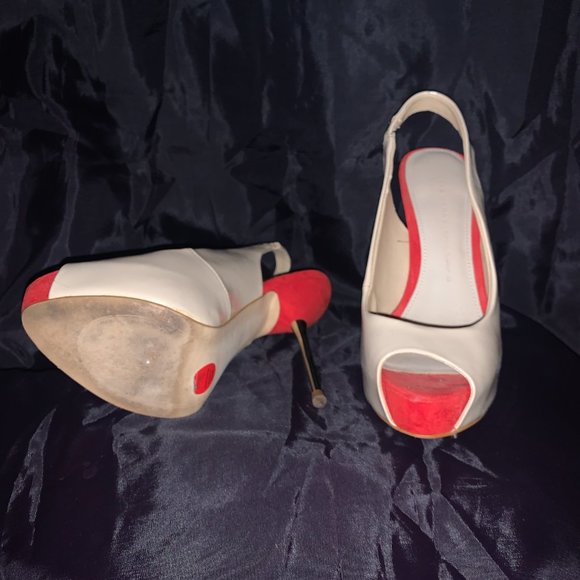 Zara, Neutral patent leather sling metal healed peep-toe platform shoe, size 6.5 - Picture 3 of 6